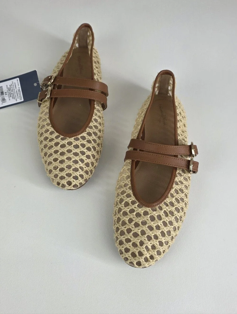 Universal Thread Cream Woven Mary Jane Flats with Brown Straps!